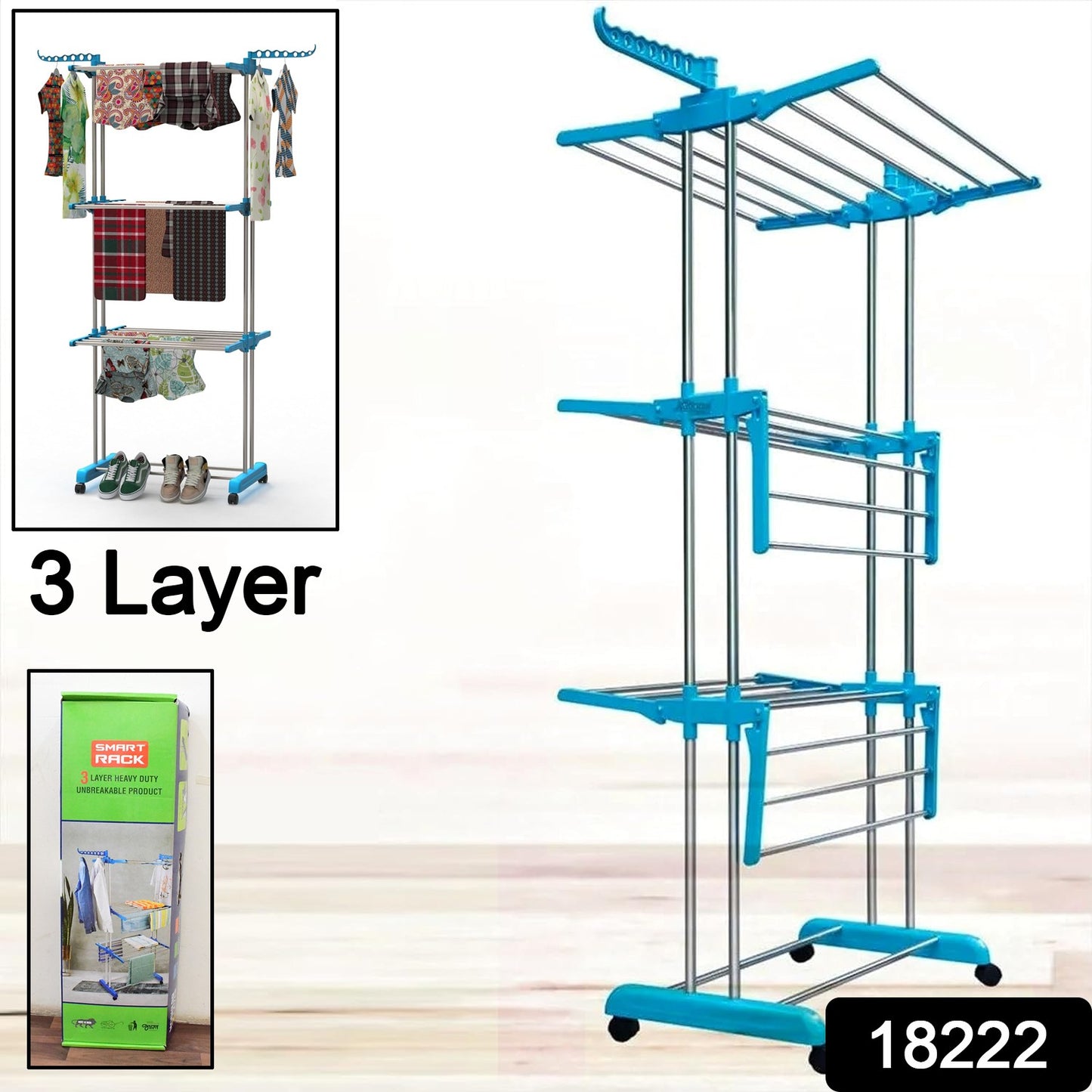 Premium Heavy Duty Stainless Steel 3 Layer Foldable Cloth Drying Stand (1 Set With Colour Box)