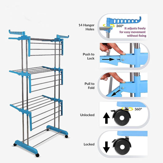 Premium Heavy Duty Stainless Steel 3 Layer Foldable Cloth Drying Stand (1 Set With Colour Box)