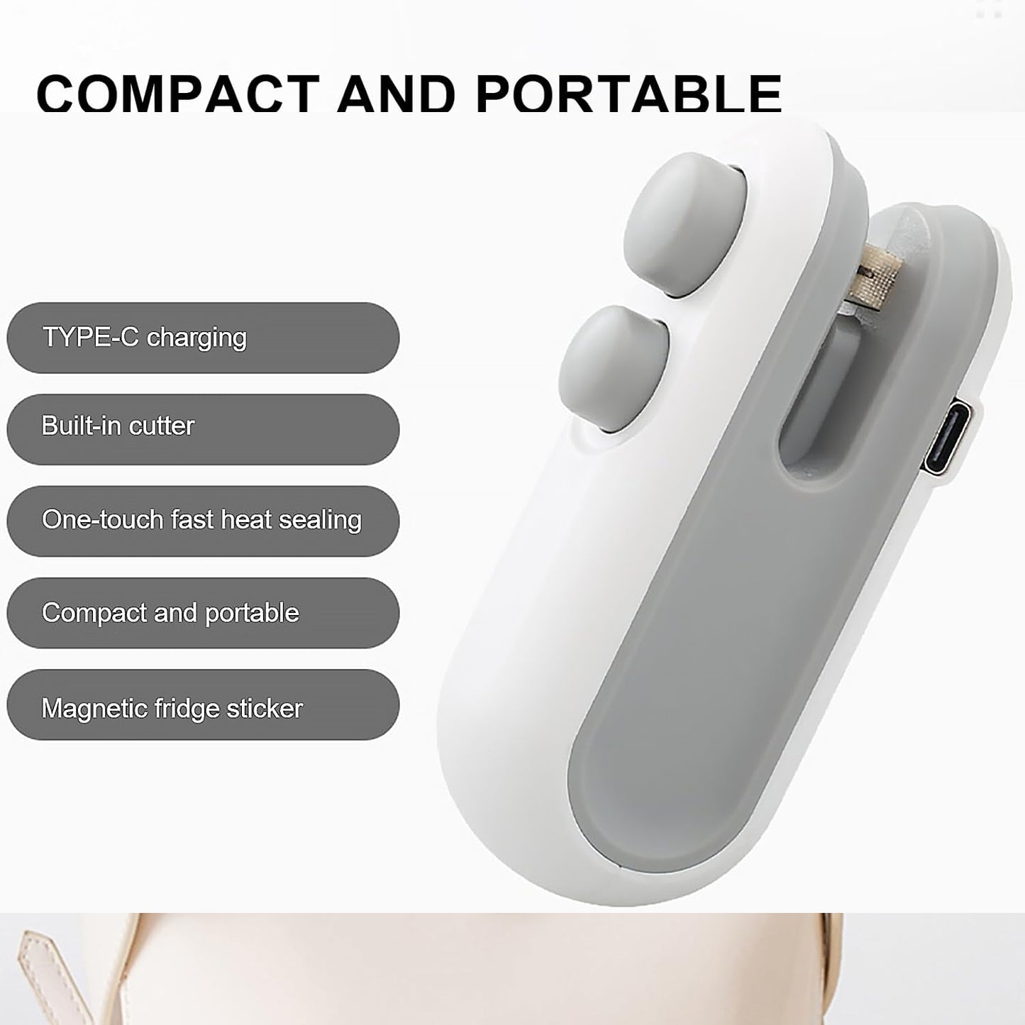 Mini Bag Sealer – 2 in 1 Heat Sealer & Cutter | USB Rechargeable Portable Food Sealing Machine for Snacks & Storage